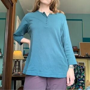 Duluth Trading Co Teal 100% Cotton Henley Top 3/4
